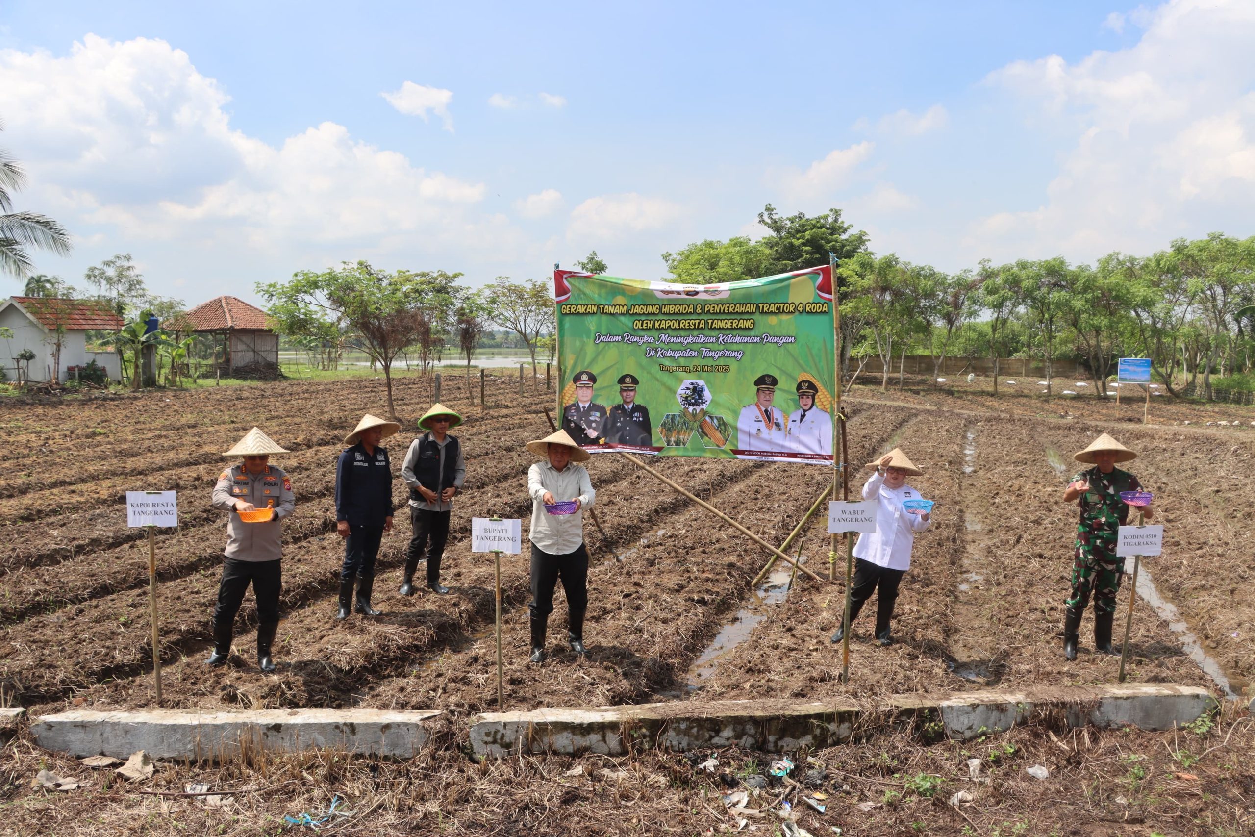Kapolresta Tangerang bersama Bupati Tangerang, Forkopimda, dan kelompok tani melakukan penanaman jagung secara simbolis di lahan seluas 5 hektare milik Pemkab Tangerang di Desa Buniayu, Kecamatan Sukamulya, sebagai bagian dari program Pekarangan Pangan Lestari (P2L).