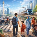 Ilustrasi masyarakat Jakarta beraktivitas sehari-hari, mencerminkan penggunaan layanan publik dan transportasi yang didukung APBD 2026.