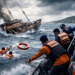 Ilustrasi pencarian korban kapal wisata tenggelam di Perairan Pulau Padar, Labuan Bajo, oleh Tim SAR gabungan dengan kapal patroli di tengah gelombang laut.