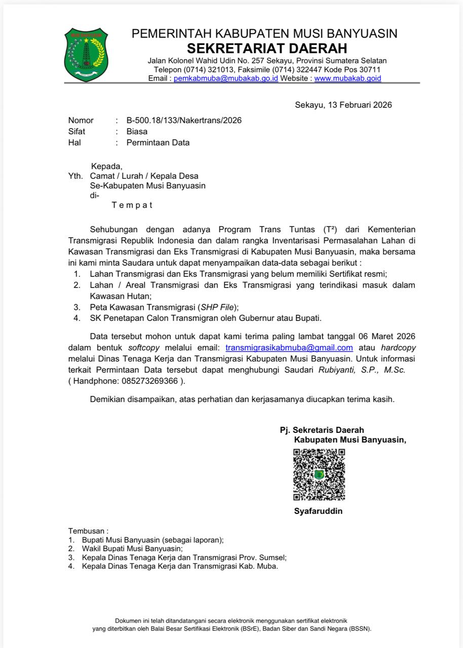 Surat resmi Pemerintah Kabupaten Musi Banyuasin tentang permintaan data inventarisasi lahan transmigrasi Program Trans Tuntas (T²) tertanggal 13 Februari 2026.