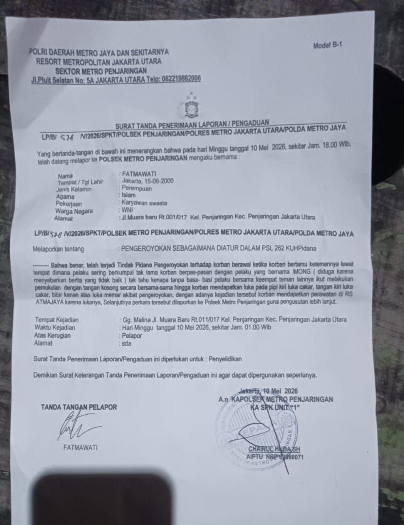 Dokumen Surat Tanda Penerimaan Laporan (STPL) dugaan pengeroyokan yang diterbitkan Polsek Metro Penjaringan sebagai dasar proses penyelidikan kasus di Jakarta Utara.