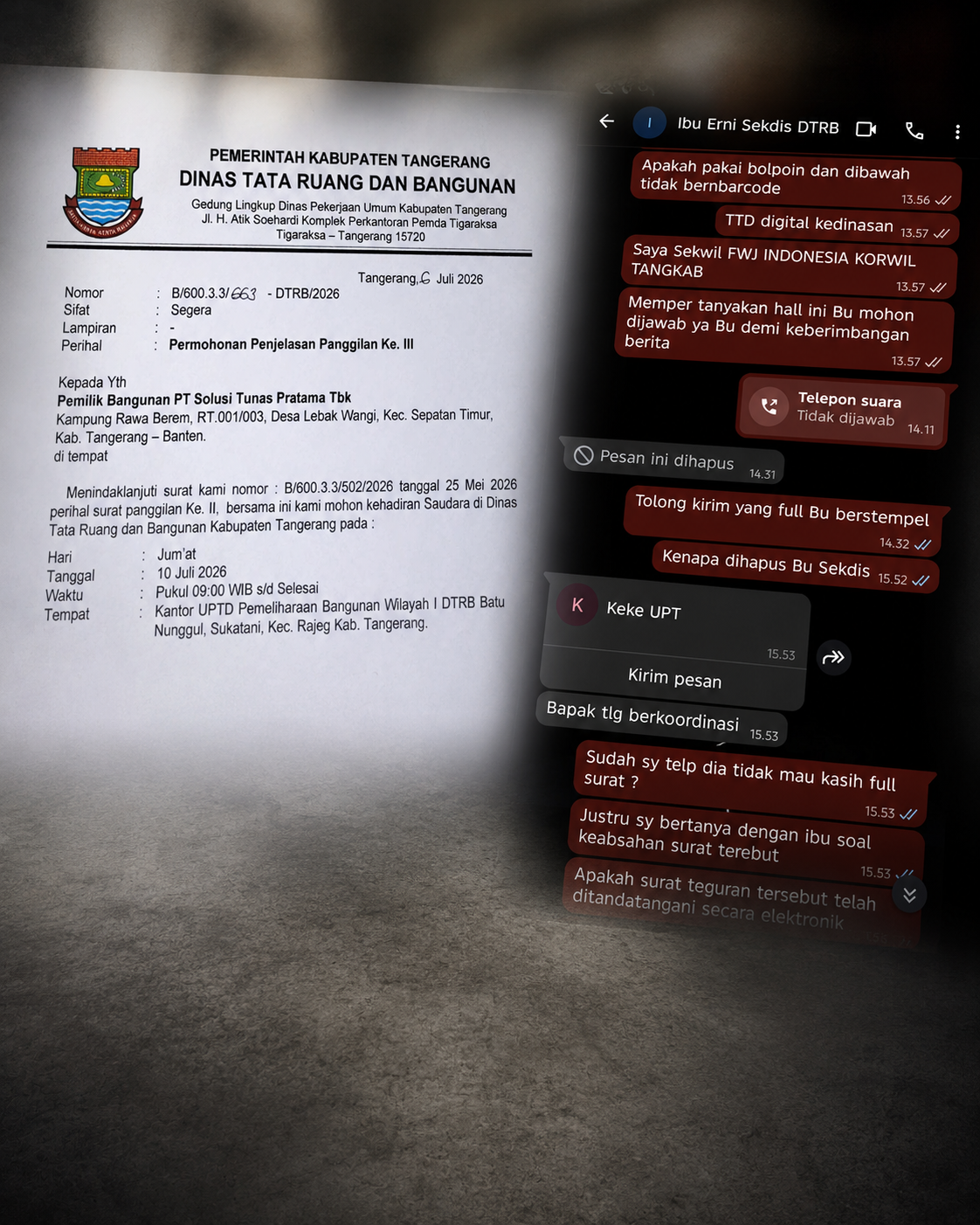 Keterangan gambar:Dokumentasi surat DTRB Kabupaten Tangerang yang menjadi perhatian karena bagian tanggal dan nomor surat tampak ditulis menggunakan pulpen, sementara bagian lainnya menggunakan format komputerisasi. Pada dokumen yang diterima, juga tidak terlihat stempel maupun tanda Tanda Tangan Elektronik (TTE). Kondisi tersebut kemudian dikonfirmasi kepada Sekdis DTRB Erni untuk memastikan status dan keabsahan dokumen.