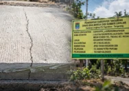 Beton Jalan Gardu–Tanah Merah Pakuhaji terlihat retak memanjang hingga bagian tepi.